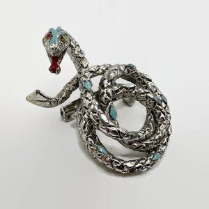 Snake Brooch, Enameled, Silver Tone, Blue, Vintage, 1 3/4" Long, Serpent